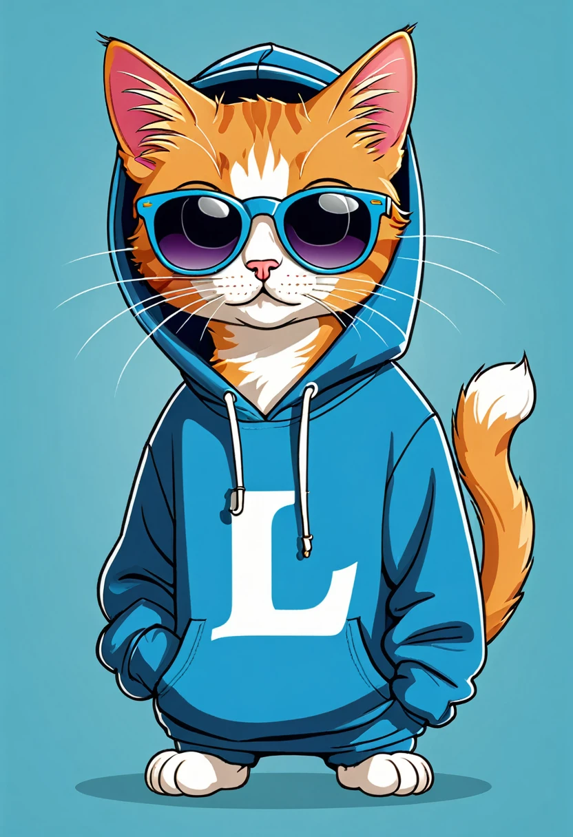 A playful and mischievous cartoon cat, donning a trendy hoodie with the letter "L" printed on it, and accessorizing with a pair of funky sunglasses.