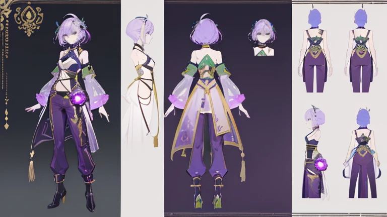 (Masterpiece, best quality), detailed, 1 woman, ((character concept art)), ((character design sheet, same character, front, side, back)), full body, body complete, 1 female, 1 women. Detailed face, character design sheet full body, Highly detailed, character sheet, character design, Many parts, pale skin, green eyes, short purple hair, lavender flower reference, lavender flower character reference, lavender flower inspired, male clothes, flat chest, Solarpunk, Solarpunk reference, Solarpunk based outfit, pants, green, dark gray, gold.