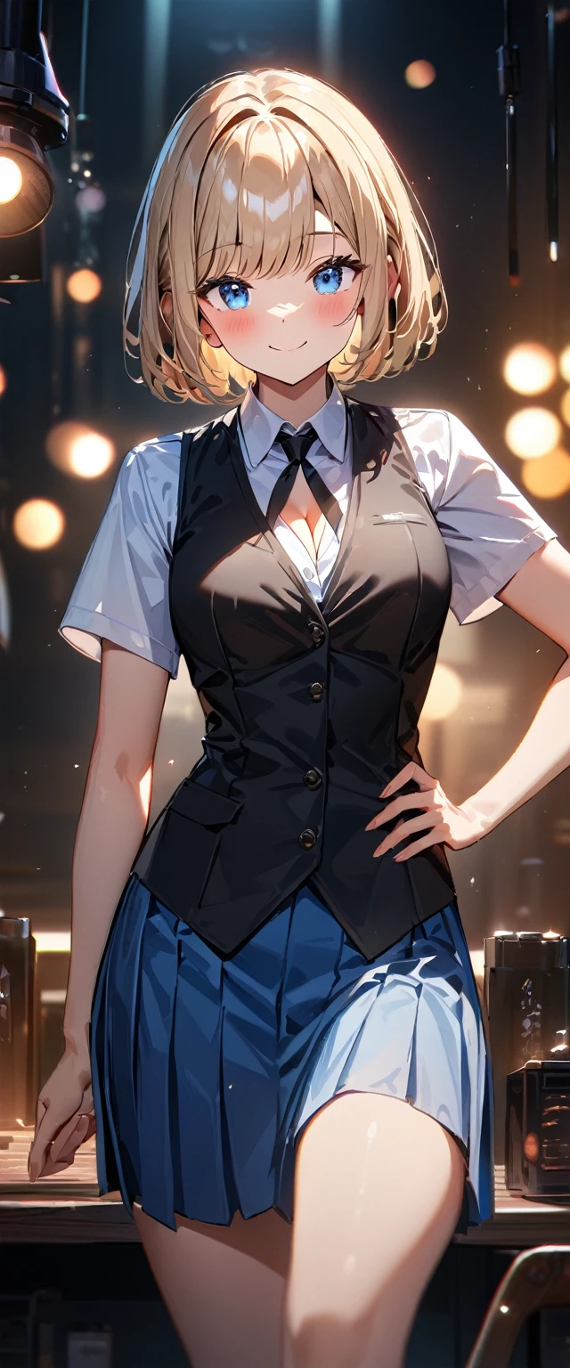 (((One girl))), blond hair, bob cut, (cowboy shot), (looking at viewer), (cleavage), ((black tie under the waistcoat)), face in focus, teenager, head tilt:1.3, (((blue eye))), ((happy smile)), ((blush)), contrapposto, one hand on hip, school summer uniform, white shirts, skirt, black waistcoat, anime style, (best quality, 4k, 8k, highres, masterpiece:1.2, ultra-detailed, ultra-detailed eyes, HDR, UHD, studio lighting, ultra-fine painting, sharp focus, physically-based rendering, extreme detail description, professional, vivid colors, bokeh)
