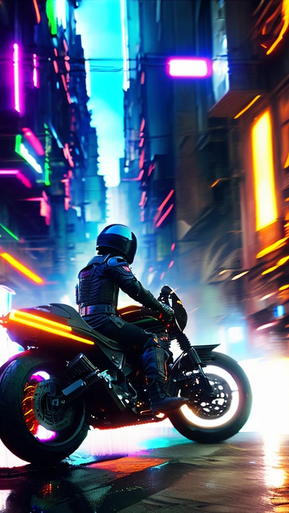 detailed futuristic cyberpunk cityscape, speeding motorcycle in the middle of a war-torn city, lens flare, neon lights, glowing holographic displays, metal and chrome, high contrast lighting, gritty urban environment, cinematic composition, dynamic motion blur, (best quality,4k,8k,highres,masterpiece:1.2),ultra-detailed,(realistic,photorealistic,photo-realistic:1.37)