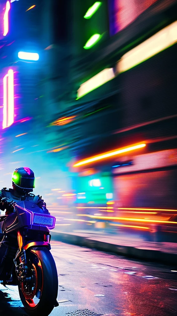 detailed futuristic cyberpunk cityscape, speeding motorcycle in the middle of a war-torn city, lens flare, neon lights, glowing holographic displays, metal and chrome, high contrast lighting, gritty urban environment, cinematic composition, dynamic motion blur, (best quality,4k,8k,highres,masterpiece:1.2),ultra-detailed,(realistic,photorealistic,photo-realistic:1.37)