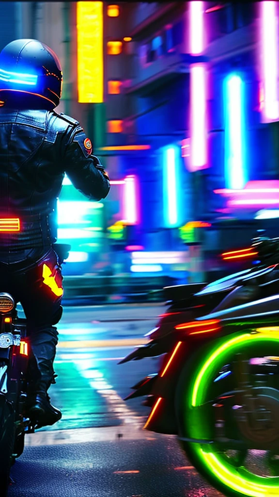 detailed futuristic cyberpunk cityscape, speeding motorcycle in the middle of a war-torn city, lens flare, neon lights, glowing holographic displays, metal and chrome, high contrast lighting, gritty urban environment, cinematic composition, dynamic motion blur, (best quality,4k,8k,highres,masterpiece:1.2),ultra-detailed,(realistic,photorealistic,photo-realistic:1.37)