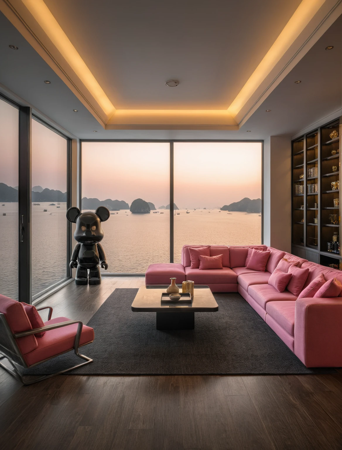 Raw photo,Masterpiece, high quality, best quality, authentic, super detail, interior, livingroom style modern, sunset, evening light, sofa, tea table, carpet, flower vase on tea table, wine bottle, tray, armchair, wine cabinet, books, glass cabinet doors, downlight, windows overlooking the evening ha long bay, (((black and pink tones))), black wooden floor, ((bearbrick))