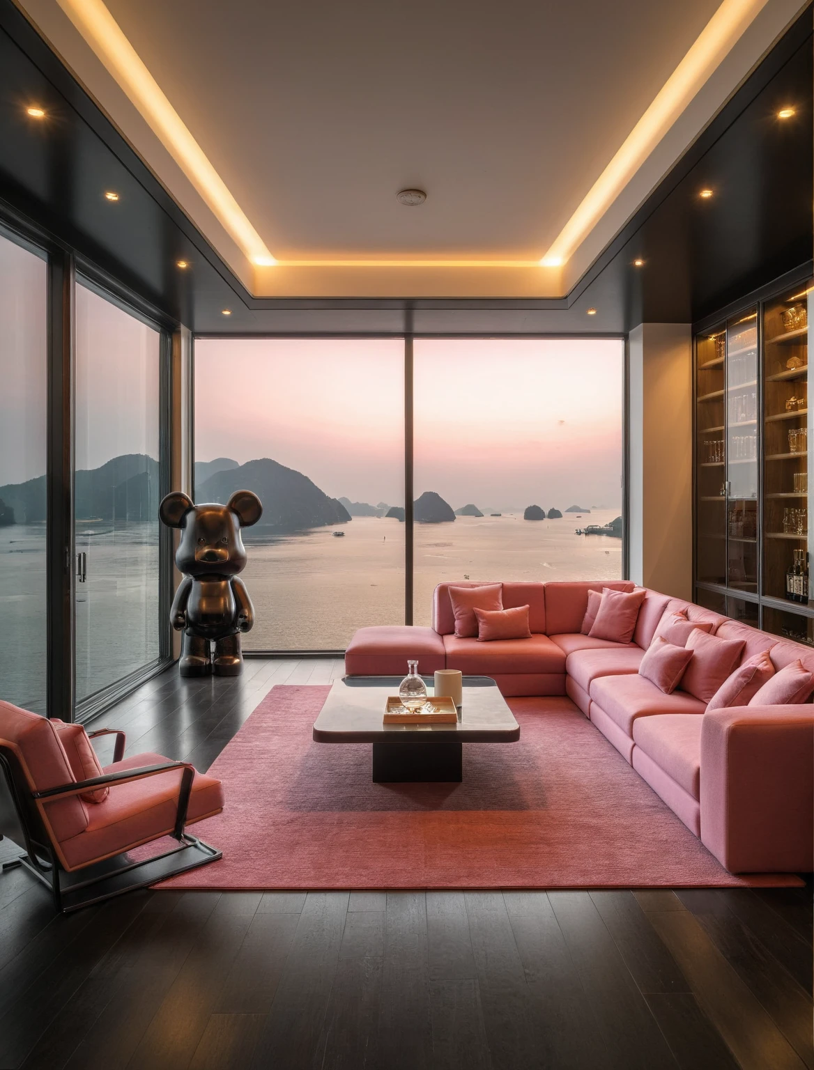 Raw photo,Masterpiece, high quality, best quality, authentic, super detail, interior, livingroom style modern, sunset, evening light, sofa, tea table, carpet, flower vase on tea table, wine bottle, tray, armchair, wine cabinet, books, glass cabinet doors, downlight, windows overlooking the evening ha long bay, (((black and pink tones))), black wooden floor, ((bearbrick))