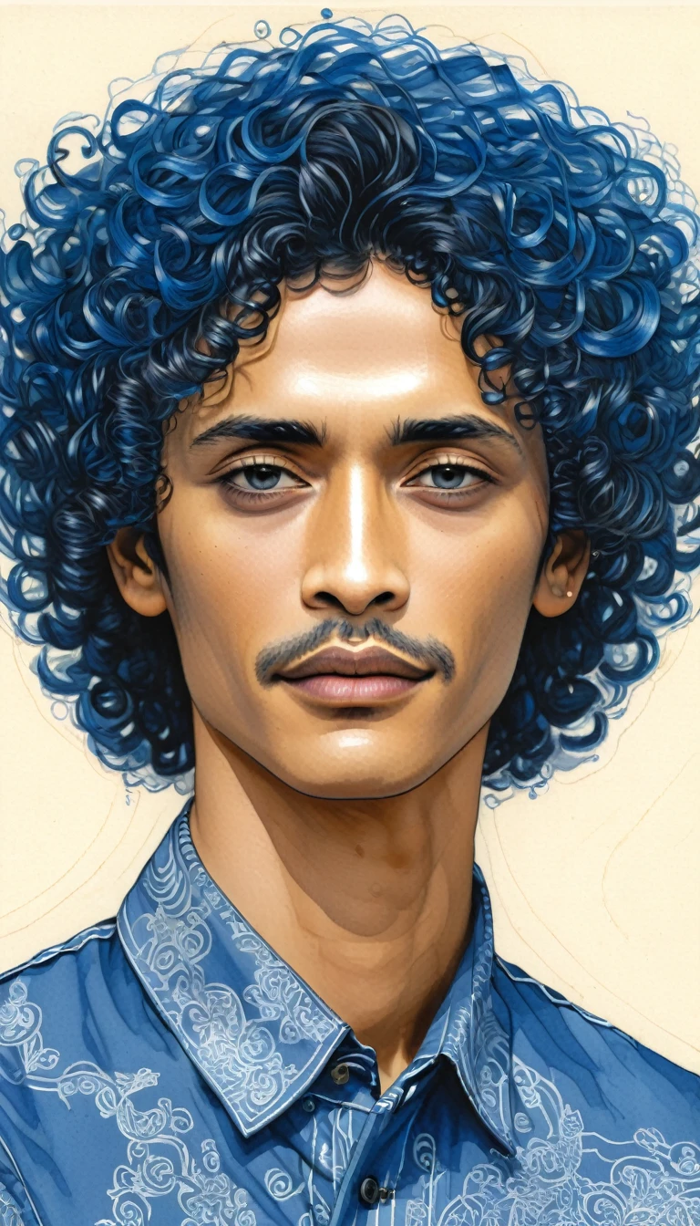 The image depicts a detailed pen sketch of an individual from the shoulders up. The face of the individual is obscured by a solid blue rectangle, making it impossible to identify any facial features. The hair appears to be curly or wavy and is depicted with numerous intricate lines and swirls that create a sense of volume and texture. The individual is wearing what seems to be a collared shirt and jacket, also rendered in fine lines that suggest folds and creases in the fabric.