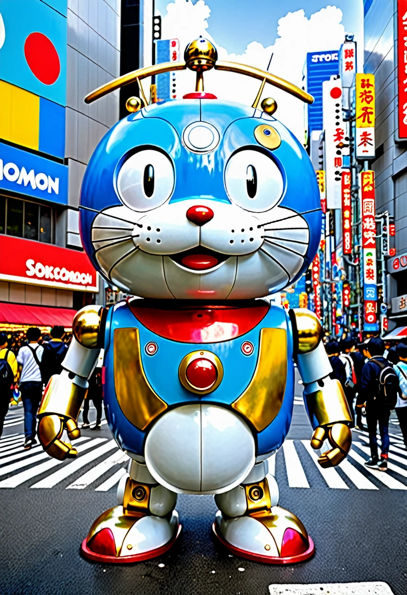a giant doraemon robot, deteriorated paint and peeling, detailed mechanical parts visible, red collar with gold bell, yellow takecopter on head also deteriorated, doraemon at shibuya crossing in japan, destroying and slashing buildings, emotionless fear expression, realistic robot doraemon, special effects movie scene, (best quality,4k,8k:1.2),ultra-detailed,realistic,photorealistic,photo-realistic:1.37,HDR,UHD,studio lighting,ultra-fine painting,sharp focus,physically-based rendering,extreme detail description,professional,vivid colors,concept art