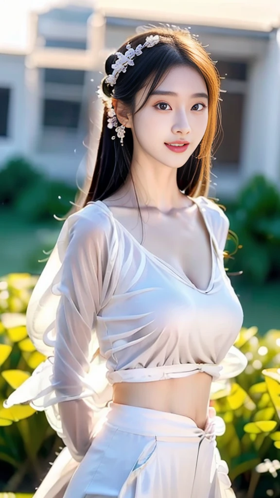 Korean fashion model 18 years old [[[[Close-up cleavage]]]], [[[[]]]], [[[[Cole]]]], [[[[bshoulder]]]], perfect eyes, perfect iris，perfect lips，perfect teeth，perfect skin，fair skin，Soft headlight，human development report，girl，casual，Chinese costume heroine，Chinese martial arts style，Chinese martial arts costumes，simple hairstyle，Smile，The background is the field，rivers，4K Ultra HD, ultra high resolution, (lifelike: 1.4), best quality，masterpiece，Ultra-diluted，（pastel colors：1.2），Super huge，Cleavage