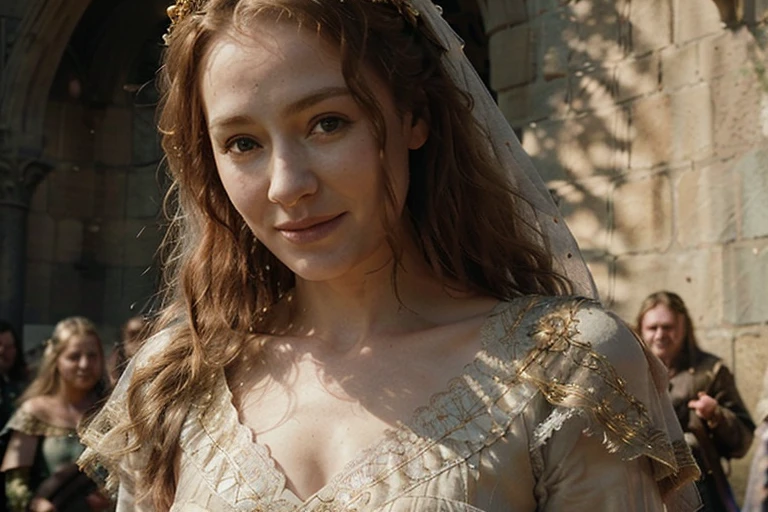 (solo 1woman, eowyn wearing rohirric wedding dress, sexy beautiful woman, intricate lace and embroidery, flowing hair, happy expression, medieval fantasy landscape, highly detailed, close-up, rohirric theme) (loving lady) (wearing golden-veil) (warm colours) (your prettiest lover)