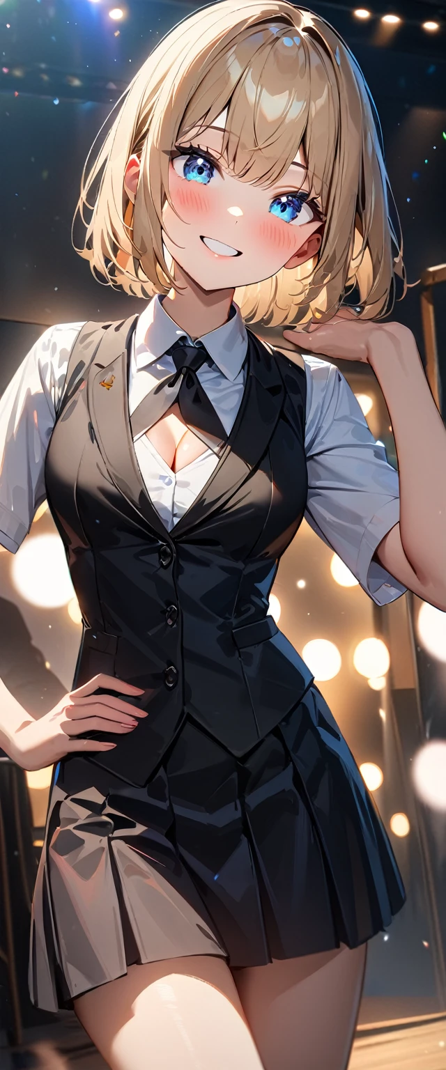 (((One girl))), blond hair, bob cut, (cowboy shot), (looking at viewer), (cleavage), ((black tie under the waistcoat)), face in focus, teenager, head tilt:1.3, (((blue eye))), ((happy smile)), ((blush)), contrapposto, one hand on hip, school summer uniform, white shirts, skirt, black waistcoat, anime style, (best quality, 4k, 8k, highres, masterpiece:1.2, ultra-detailed, ultra-detailed eyes, HDR, UHD, studio lighting, ultra-fine painting, sharp focus, physically-based rendering, extreme detail description, professional, vivid colors, bokeh)