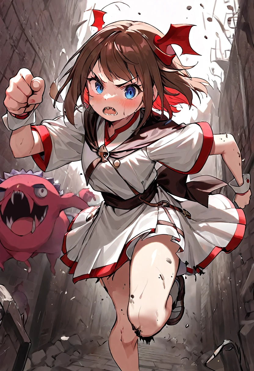 Adult female, dark fantasy, very short brown hair, red irises, cleric, black on white cleric robes, blushing, angry, dungeon, pointing, running from monsters, highly detailed, high quality, perfect eyes, dirty, cuts, incredible background detail