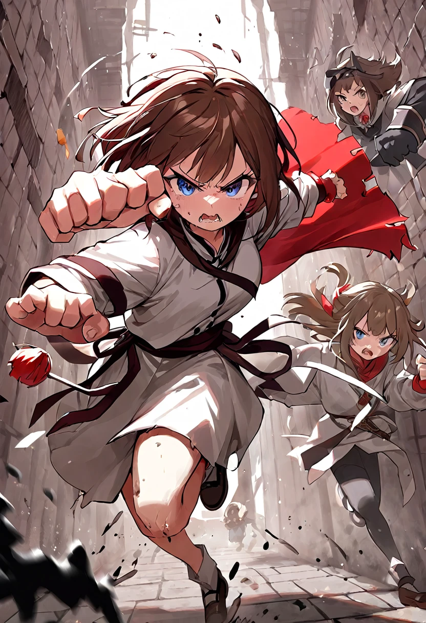 Adult female, dark fantasy, very short brown hair, red irises, cleric, black on white cleric robes, blushing, angry, dungeon, pointing, running from monsters, highly detailed, high quality, perfect eyes, dirty, cuts, incredible background detail