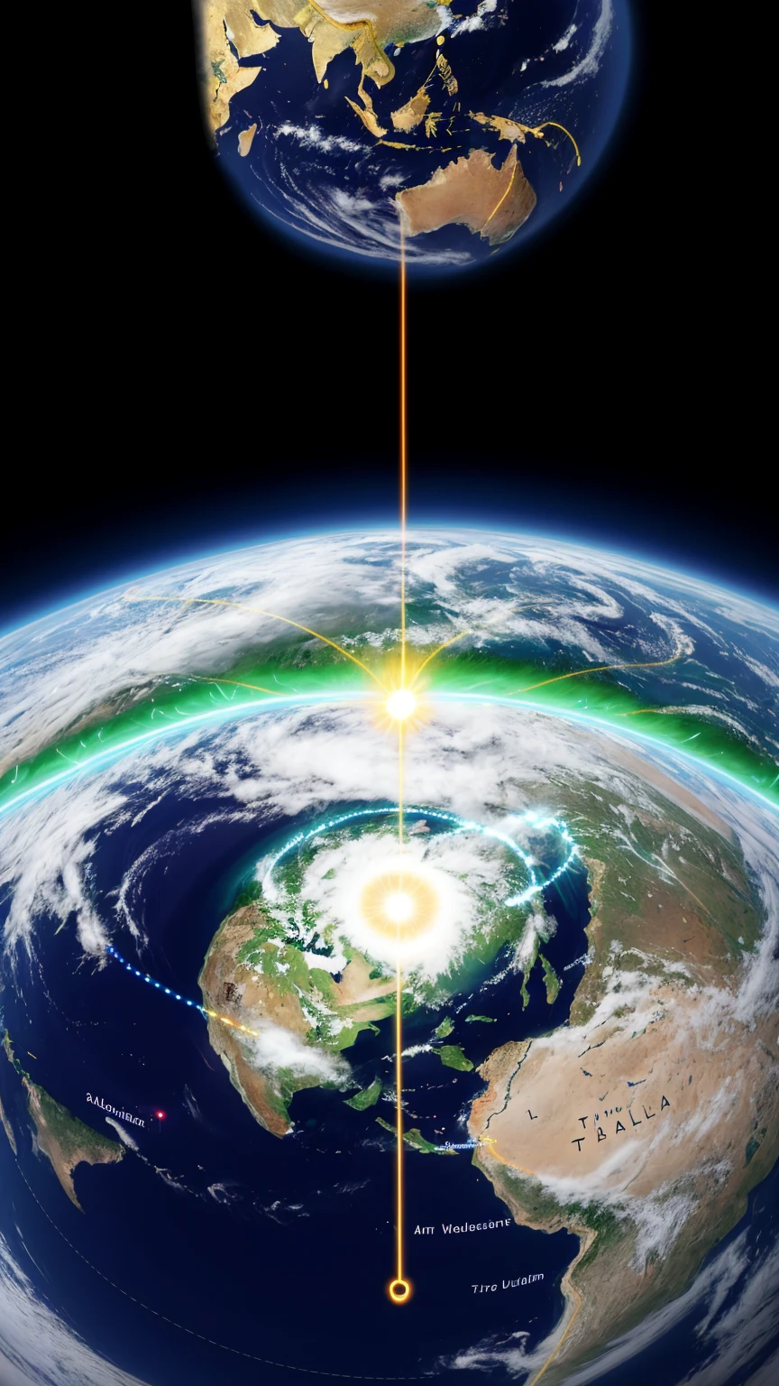 An imaginative depiction of Tesla’s 'World System' for wireless communication and power. The earth is surrounded by a network of glowing energy lines, connecting continents and cities in a seamless web. This image represents the global impact Tesla envisioned for his technology.