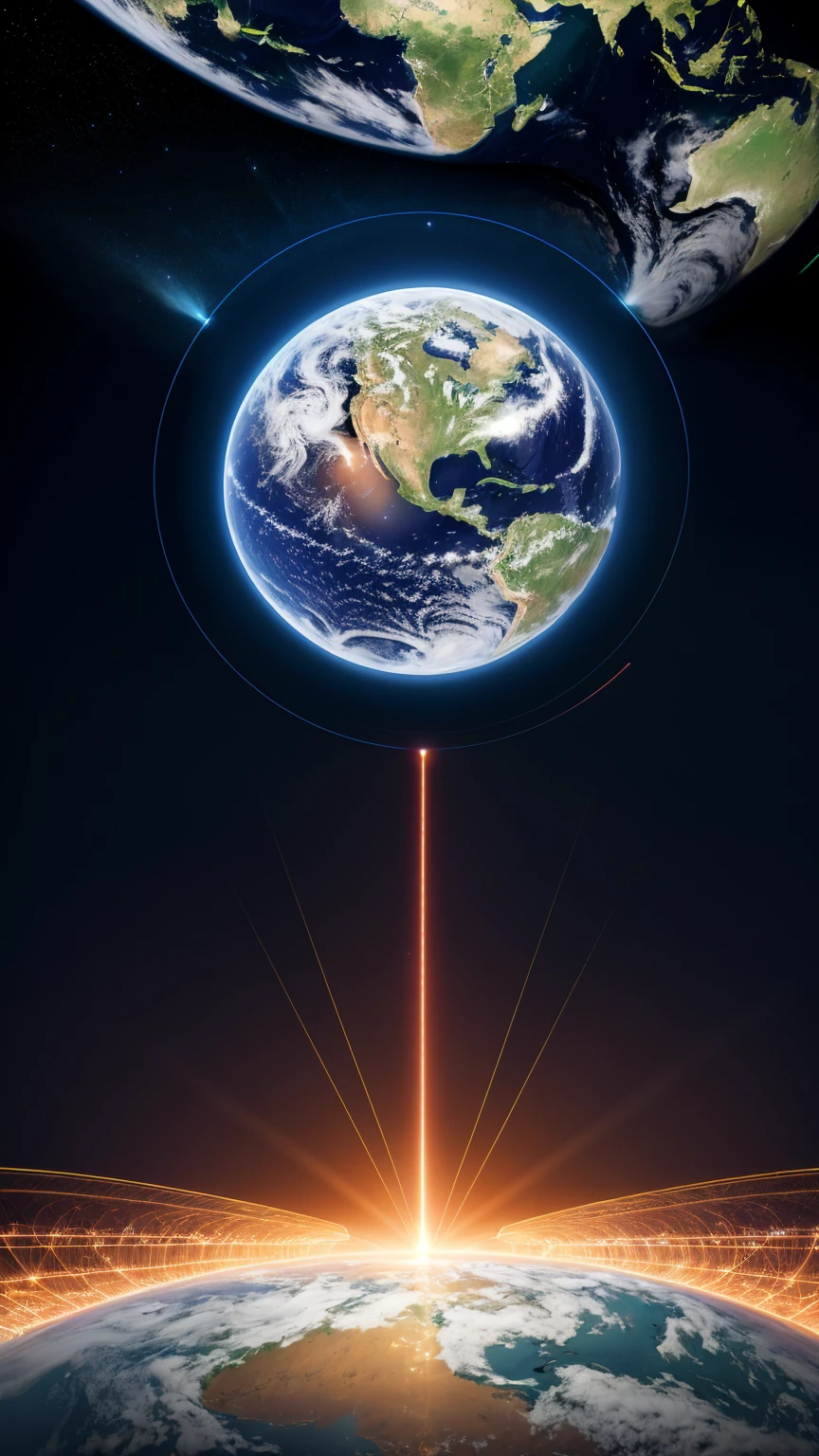 An imaginative depiction of Tesla’s 'World System' for wireless communication and power. The earth is surrounded by a network of glowing energy lines, connecting continents and cities in a seamless web. This image represents the global impact Tesla envisioned for his technology.
