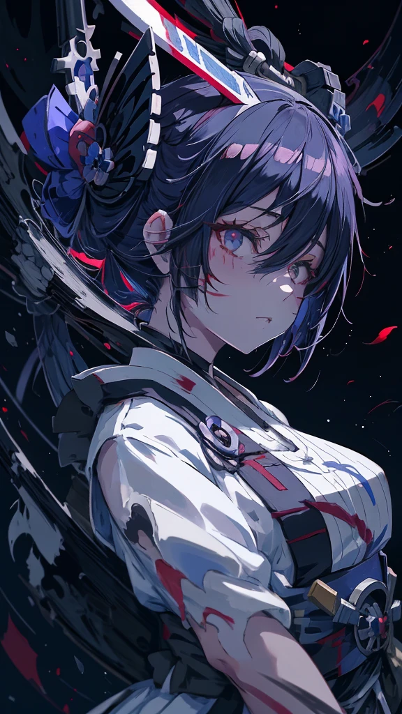 anime girl with a sword and blood splattered on her face, yandere, gapmoe yandere grimdark, gapmoe yandere, by Shitao, onmyoji, demon anime girl, yandere intricate, shalltear bloodfallen, anime style like fate/stay night, portrait gapmoe yandere grimdark, onmyoji portrait