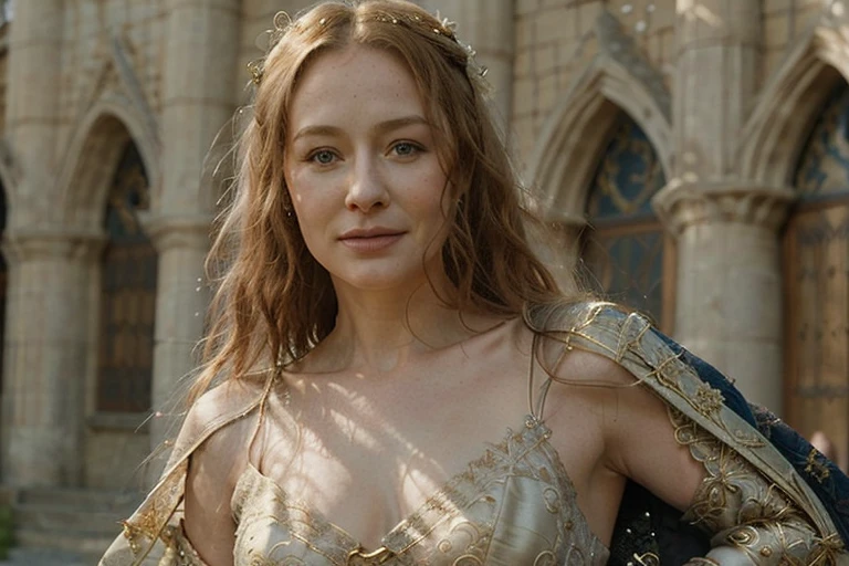 (solo 1woman, eowyn wearing rohirric wedding dress, sexy beautiful woman, intricate lace and embroidery, flowing hair, happy expression, medieval fantasy landscape, highly detailed, extremely close-up, rohirric theme) (loving lady) (wearing golden-veil) (warm colours) (your prettiest date) (very seductive)