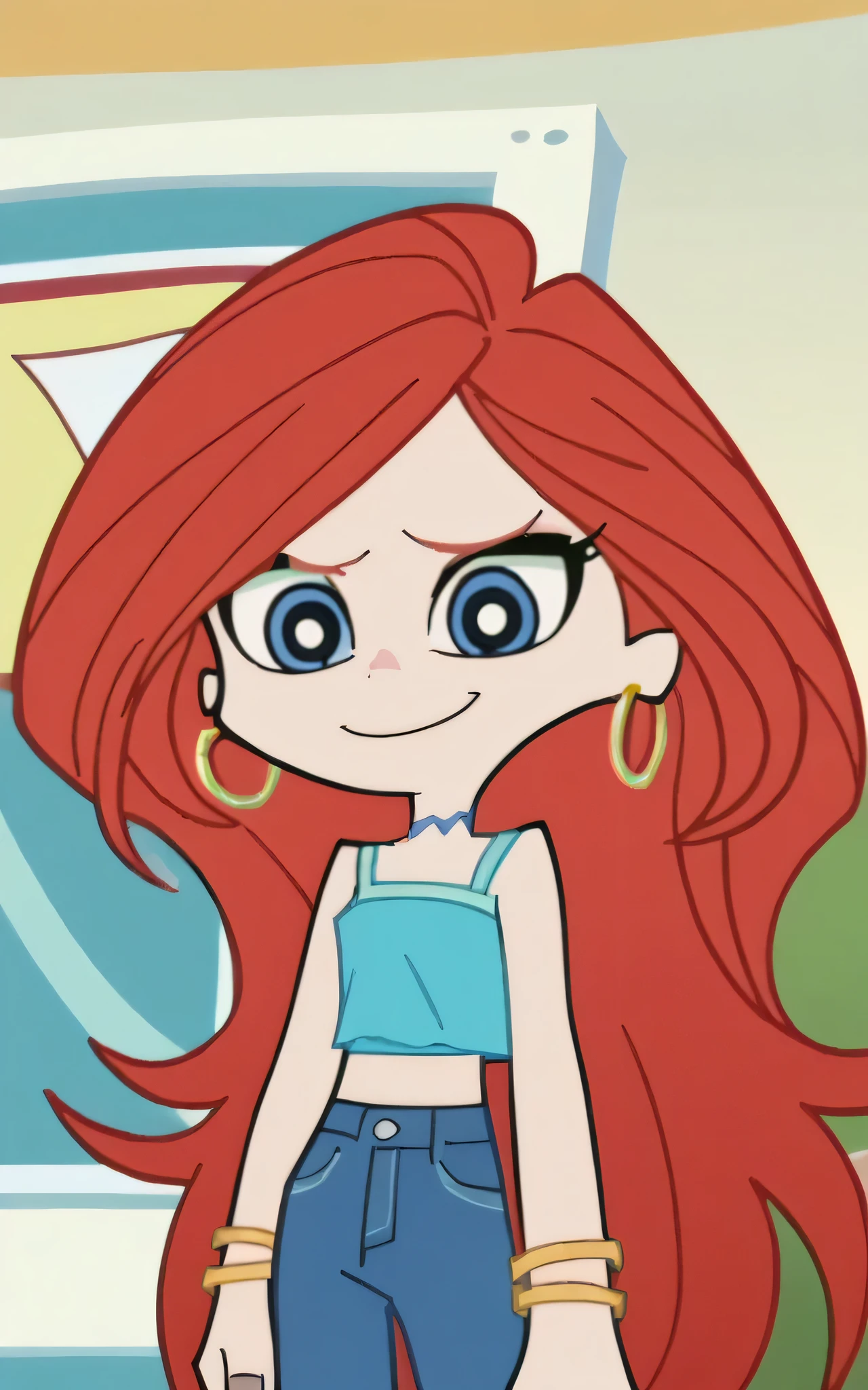 p&s style, rating_safe, score_10, sharp, anime screencap, flat shadows, flat colors, chelsea, 1girl, midriff, upper body, choker, smile, jewelry, very long hair, standing, red hair, earrings, shoes, pants, blue eyes, aqua ruffle crop top, denim, blue nails, jeans, hoop earrings, blue pants, high school park background, looking at viewers, solo, hands together