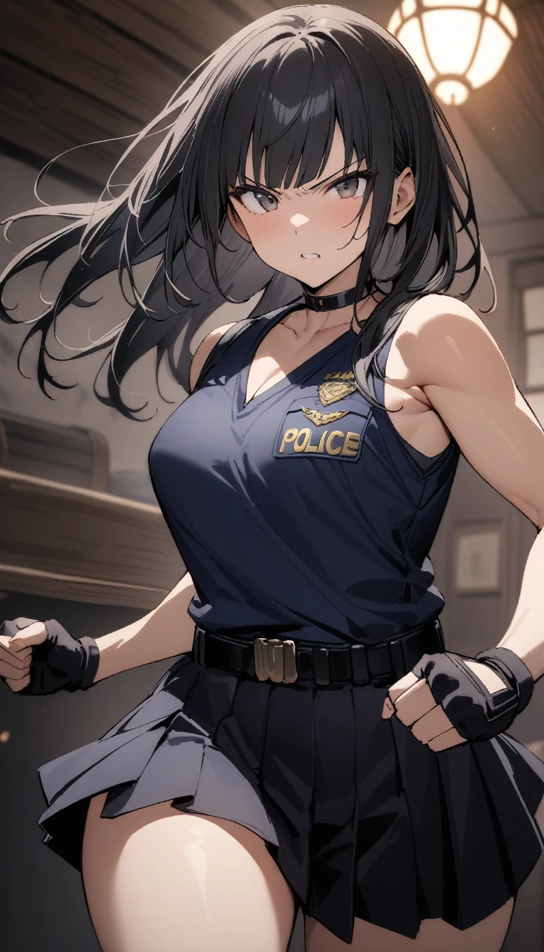 ((Highest quality)), ((masterpiece)), (detailed),cowboy shot , Rin々Policewoman small breasts Mature Woman, ((A black sleeveless police uniform over a white sleeveless U-neck T-shirt)), Black choker,((clavicle))、Black long hair Blunt bangs black pleated mini skirt black fingerless gloves V-shaped eyebrows Combat Stance Black Belt Clenched fist Old tavern