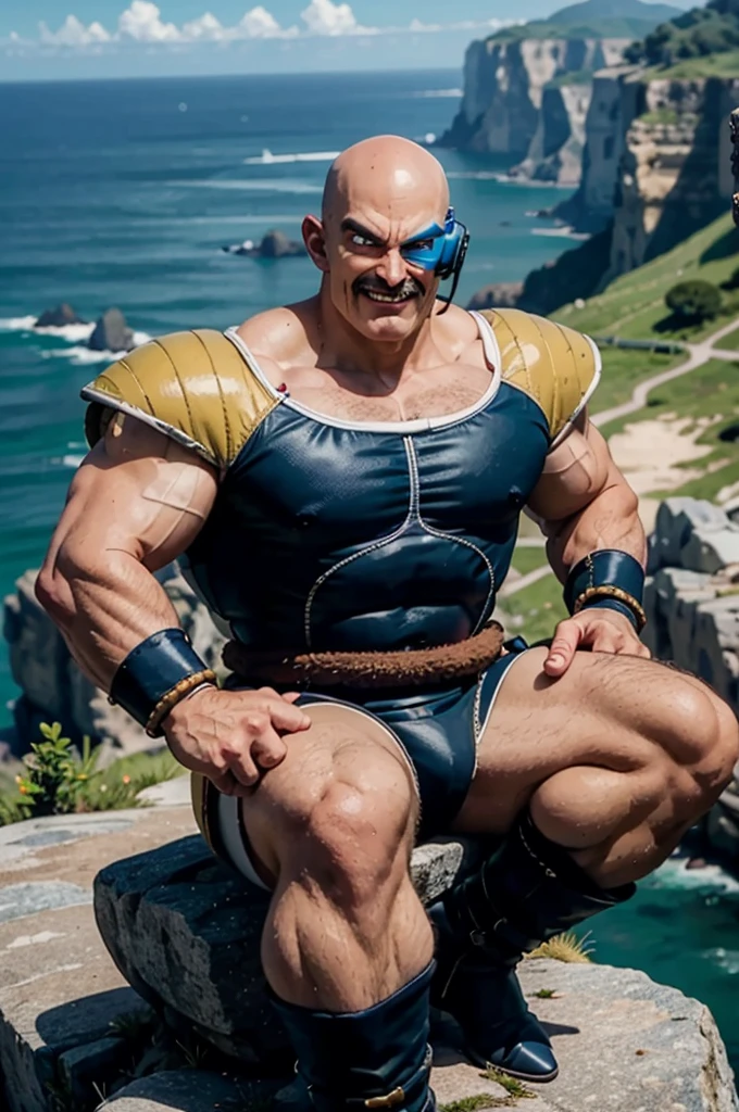 napa, bald, black eyes, scouter,mustache, muscular, dark blue saiyan armor, dark blue vambraces, dark blue boots, faulds, black briefs, tail around waist, looking at viewer, evil grin, serious, sitting, on a large rock, on a mountain, distant city, ocean, extreme detail, masterpiece,  