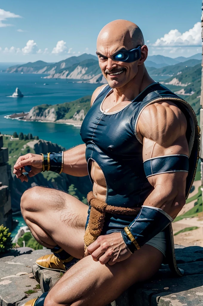 napa, bald, black eyes, scouter,mustache, muscular, dark blue saiyan armor, dark blue vambraces, dark blue boots, faulds, black briefs, tail around waist, looking at viewer, evil grin, serious, sitting, on a large rock, on a mountain, distant city, ocean, extreme detail, masterpiece,  