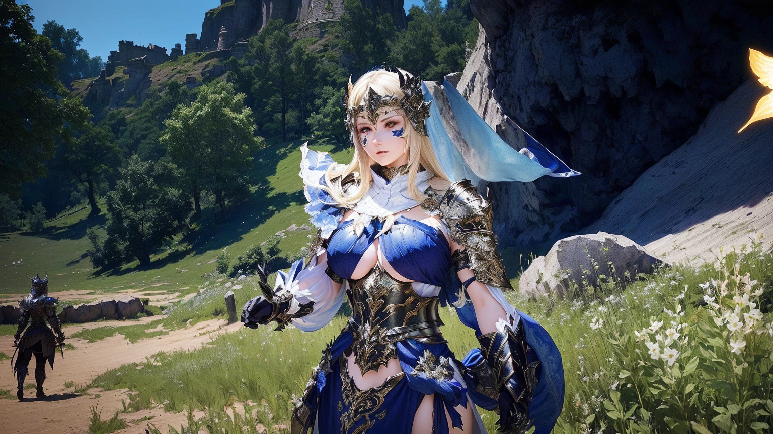 There's a costumed woman standing in a field, extremely detailed goddess photo, a very beautiful berserker woman, ornate bikini armor, beautiful female cleric, wearing shiny breastplate, powerful and plump sorceress, final fantasy style 14, but the armor covers her face, 8k Character Details, Granblue pattern, seductive elf princess knight