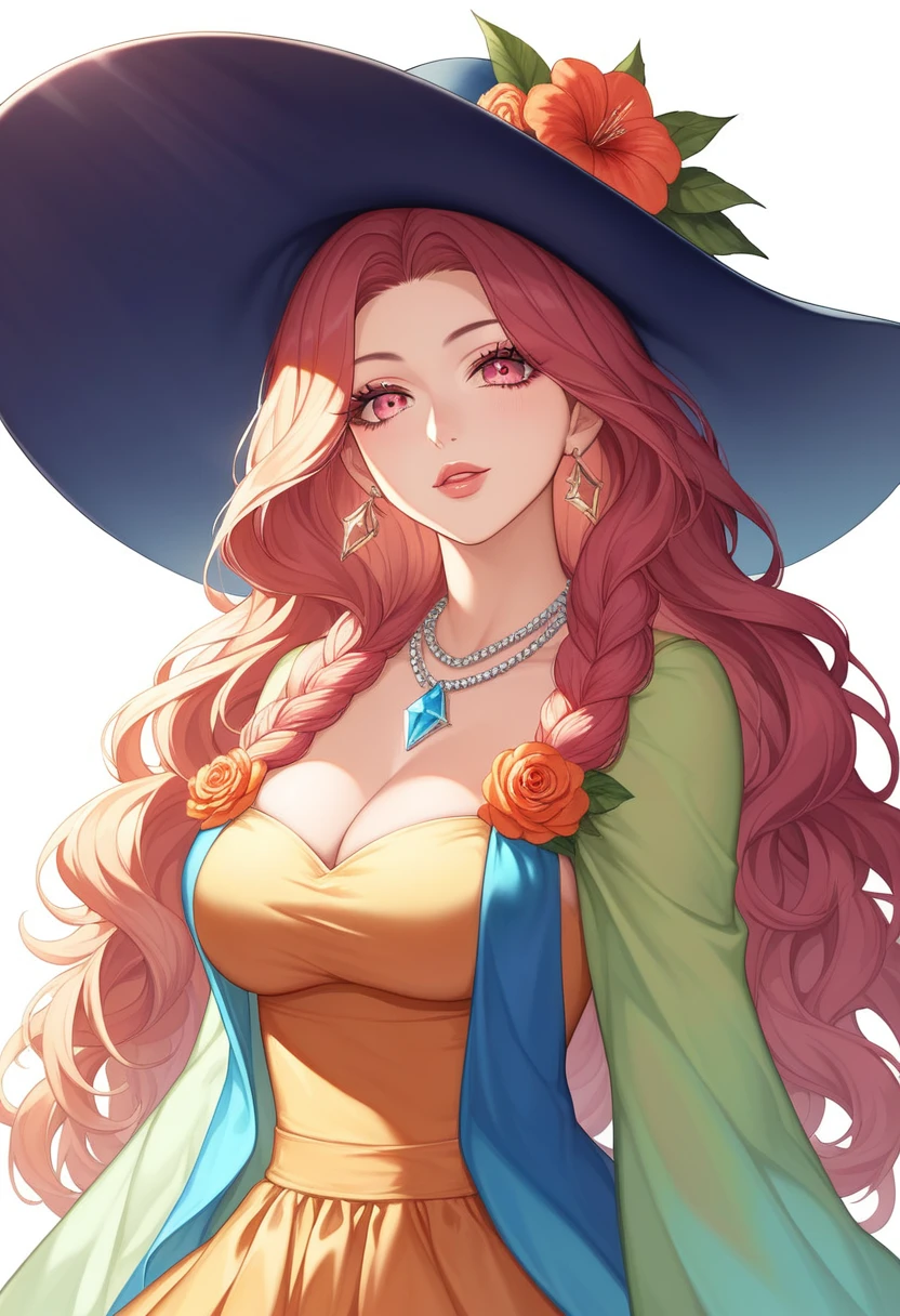 (highres, ultra-detailed, anime, manga:1.3), Tsukasa Hojo style, 1 woman, vibrant bohemian dress, flowing silhouette, layered necklaces, wide-brimmed hat, beachside setting, sunset hues, soft sea breeze, beautiful detailed eyes, beautiful detailed lips, extremely detailed eyes and face, long eyelashes