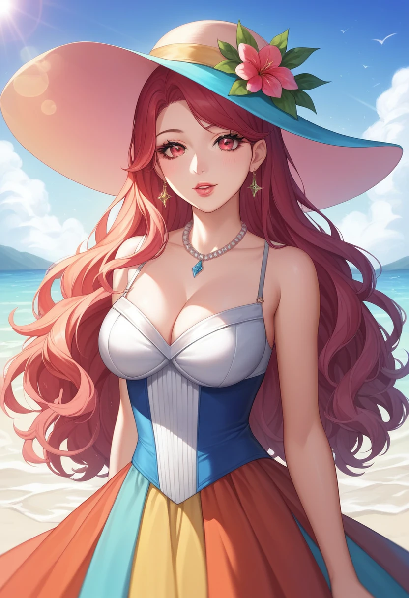 (highres, ultra-detailed, anime, manga:1.3), Tsukasa Hojo style, 1 woman, vibrant bohemian dress, flowing silhouette, layered necklaces, wide-brimmed hat, beachside setting, sunset hues, soft sea breeze, beautiful detailed eyes, beautiful detailed lips, extremely detailed eyes and face, long eyelashes