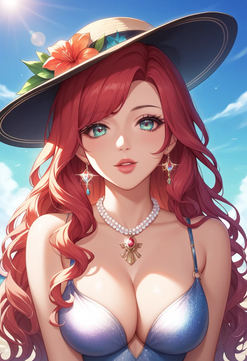 (highres, ultra-detailed, anime, manga:1.3), Tsukasa Hojo style, 1 woman, vibrant bohemian dress, flowing silhouette, layered necklaces, wide-brimmed hat, beachside setting, sunset hues, soft sea breeze, beautiful detailed eyes, beautiful detailed lips, extremely detailed eyes and face, long eyelashes