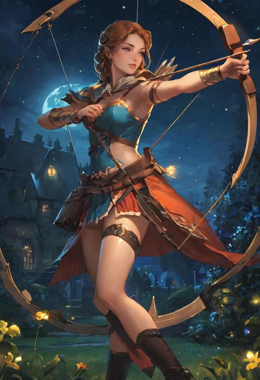 best quality, High target_solve, clearly_image, Detailed background ,1 Archer Woman, garden, night,Hook of Holland, Wide-angle lens, crown,