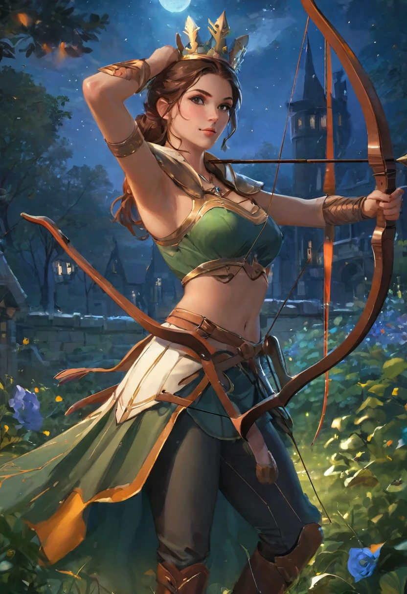 best quality, High target_solve, clearly_image, Detailed background ,1 Archer Woman, garden, night,Hook of Holland, Wide-angle lens, crown,
