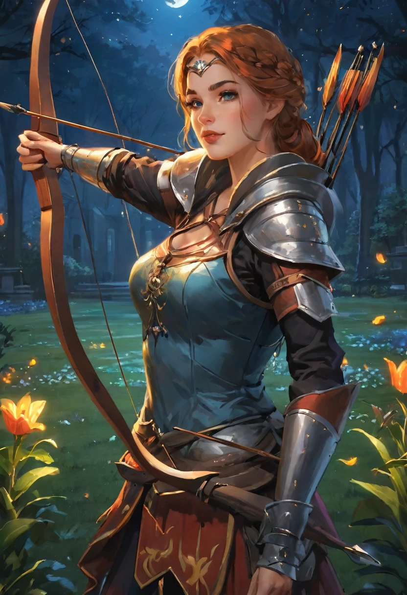 best quality, High target_solve, clearly_image, Detailed background ,1 Archer Woman, garden, night,Hook of Holland, Wide-angle lens, crown,