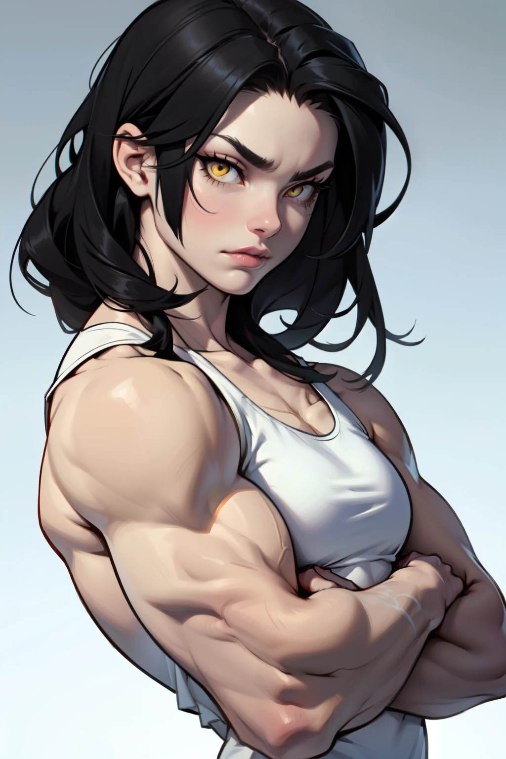 sad girl muscular girl pale skin black hair yellow eyes pale skin muscular girl
