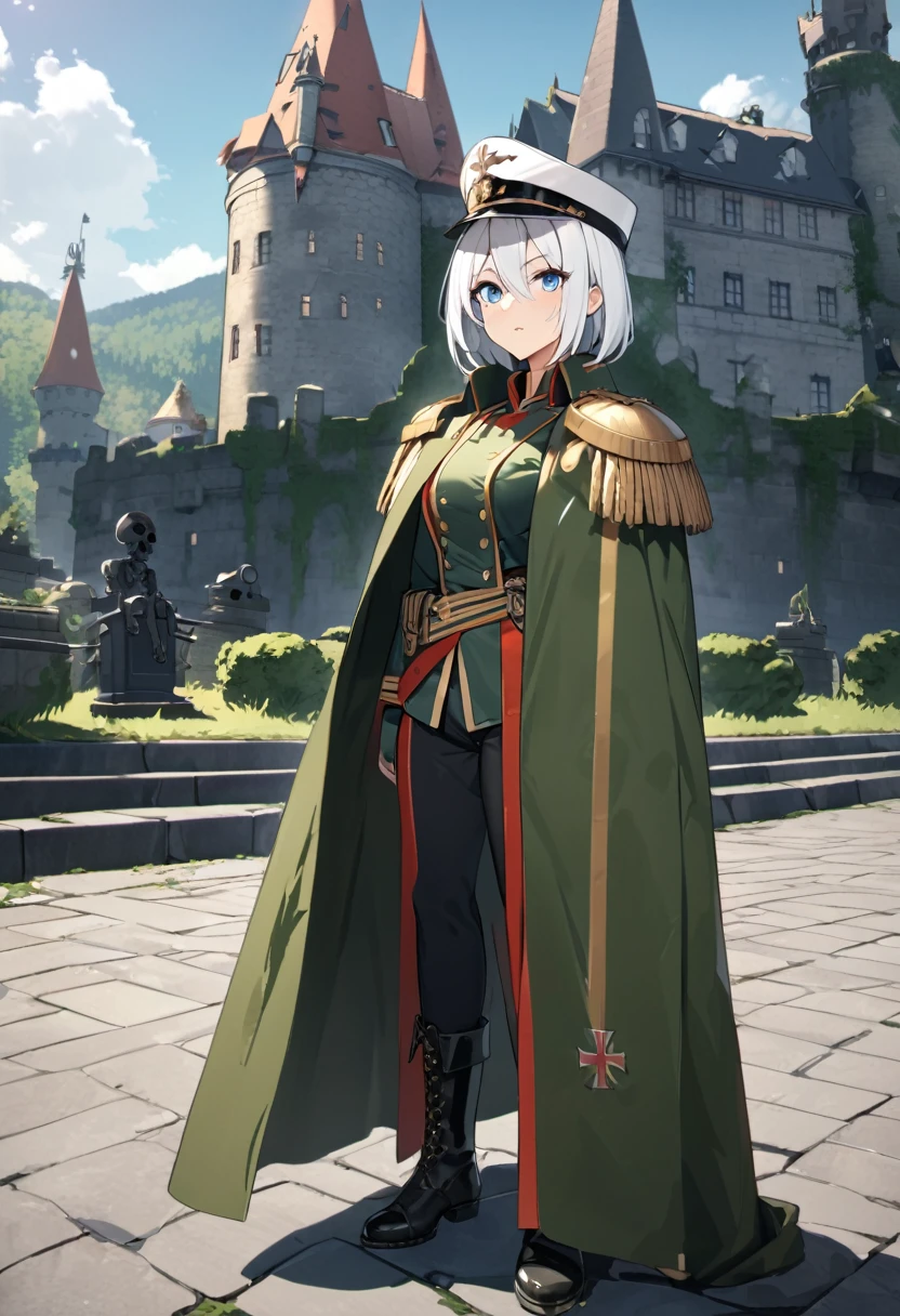 A woman wearing a hussar geman uniform from the Prussian period, a uniform with moss green, golden shoulder pads, a moss green fur cape, black leather boots, a hussar geman hat with a silver skeleton on the hat, white hair, short hair, blue eyes, serious face, postured standing on a concrete walkway, background ancient german castle, daytime location, (Tirpitz azur_lane). UHD , prime work , accurate , anatomically correct , textured skin , super details , high quality , best quality, 8k, high resolution, bokeh effect. (woman alone)
