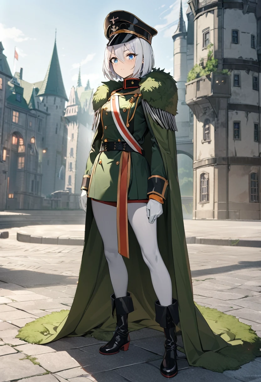 A woman wearing a hussar geman uniform from the Prussian period, a uniform with moss green, golden shoulder pads, a moss green fur cape, black leather boots, a hussar geman hat with a silver skeleton on the hat, white hair, short hair, blue eyes, serious face, postured standing on a concrete walkway, background ancient german castle, daytime location, (Tirpitz azur_lane). UHD , prime work , accurate , anatomically correct , textured skin , super details , high quality , best quality, 8k, high resolution, bokeh effect. (woman alone)