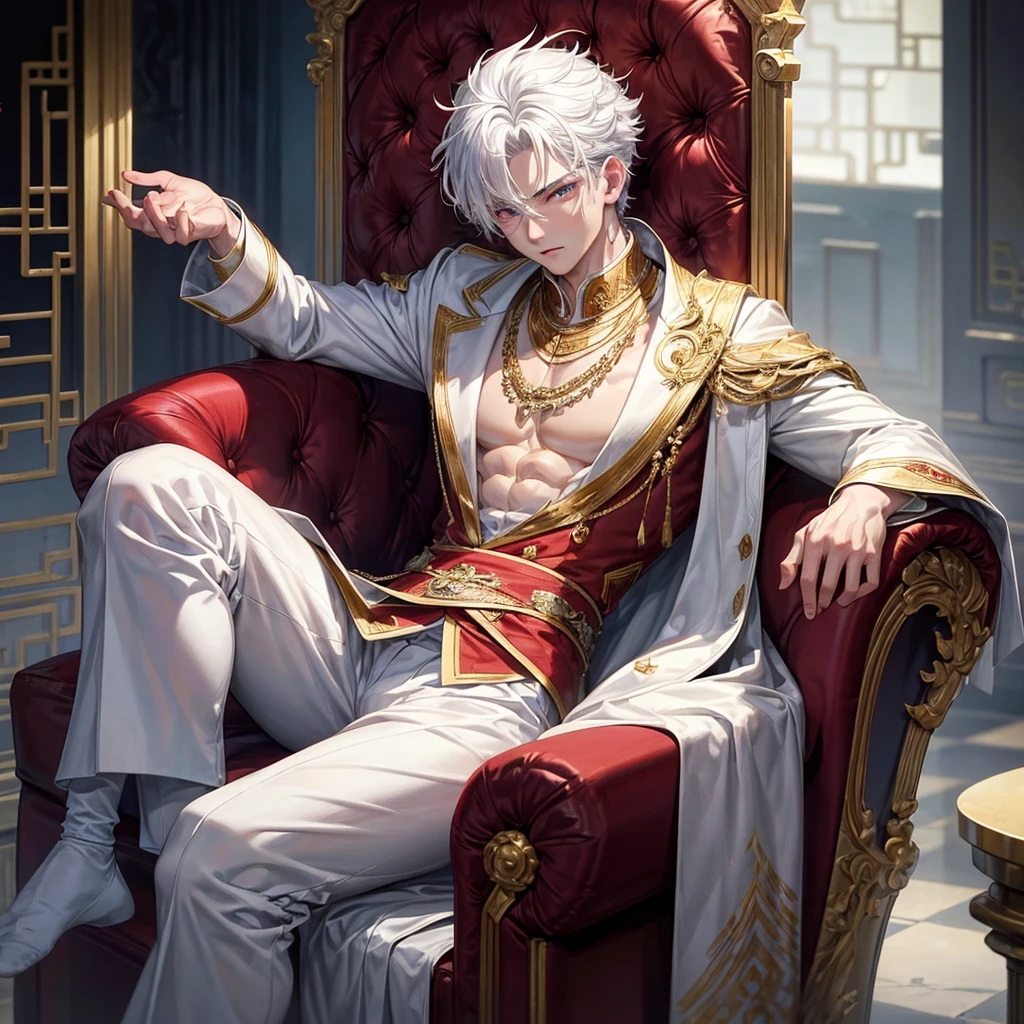 (Best Quality, Masterpiece), 1 boy sitting on an elegant throne, muscular chinese. athletic body. Messy white hair, big eyes with red irises, very pale. King suit with jewels.