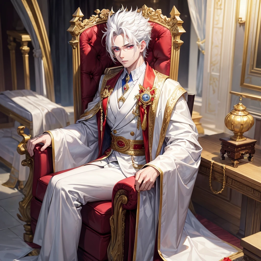 (Best Quality, Masterpiece), 1 boy sitting on an elegant throne, muscular chinese. athletic body. Messy white hair, big eyes with red irises, very pale. King suit with jewels.