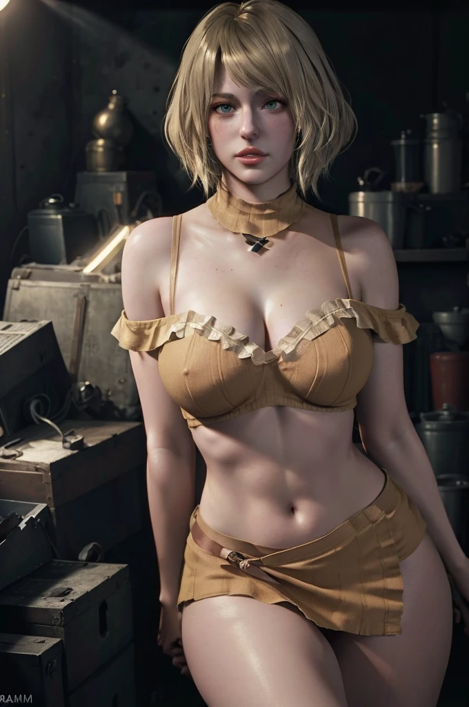 Ashley Graham cute girl re4,highest quality, masterpiece, ultra high resolution, (realistic: 1.4), , 1 girl, off shoulder, cinematic lighting, huge tits nude , heterochromia, blonde hair long ,
