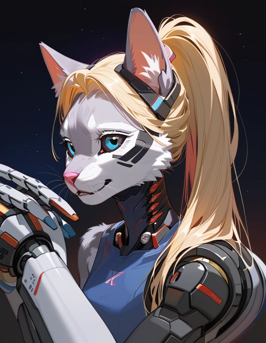 , score_9,score_8_up,score_7_up, (The ultra-detailed)、8K、(Very noble and beautiful))、Cinematic Light、((1 Mechanical anthropomorphic feline girl, Kat, blonde hair in a ponytail, pink nose, :3, silver fur, )) black ceramic body、luminescent android blue eyes, black sclera 、(Mechanical joint:1.4)、 neon details、Science fiction、The background is Cyberpunk City、close up