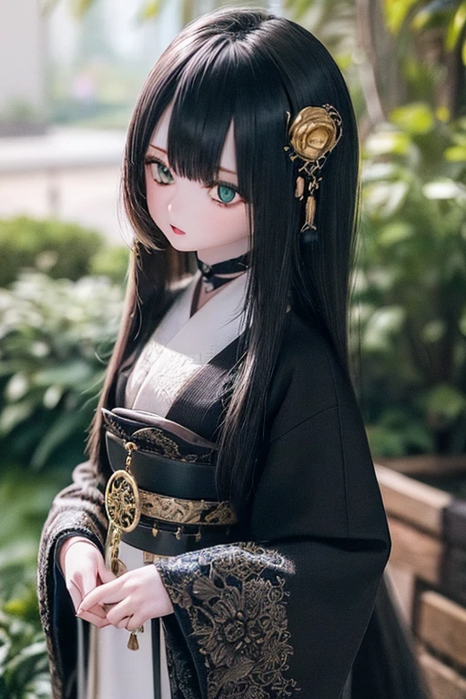 photorealistic, realistic photo, ((highest quality)), ((masterpiece)), detailed, kukolnydom, doll, (mature woman, 22yo, 22 years old:1.6), solo, ((cowboy shot, standing, black kimono, skinny, slender, slim, parted lips)), green eyes, black hair, long hair, (looking at another, blank eyes, empty eyes, detailed eyes, detailed face:1.3), hair ornament, Japanese garden, 8k