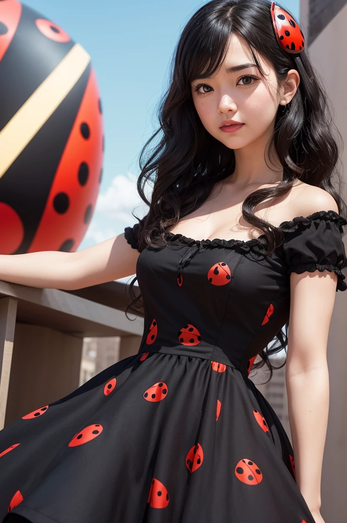 I want a photo of a pixar emotion from the film amusingly, big black wavy hair, brunette skin, ladybug dress 
