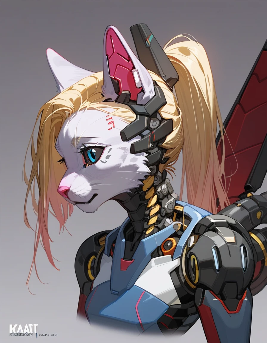 , score_9,score_8_up,score_7_up, (The ultra-detailed)、8K、(Very noble and beautiful))、Cinematic Light、((1 Mechanical anthropomorphic feline girl, Kat, blonde hair in a ponytail, pink nose, :3, silver fur, )) black ceramic body、luminescent android blue eyes, black sclera 、(Mechanical joint:1.4)、((Mechanical limb)), (Mechanical spine attached to the back))、((Mechanical cervical vertebrae attached to neck)), neon details、Science fiction, The background is Cyberpunk City、close up