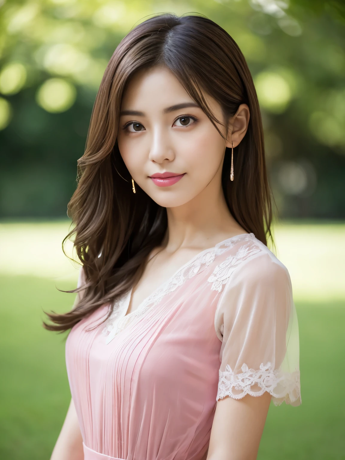 (RAW Photos), (Photo realistic), (masterpiece), (Highest quality), High resolution, 8K resolution, (Intricate details), (Volumetric Light), Portraiture, woman, 30 years old, Medium Hair, Layered Hair, Brown Hair, Highly detailed eyes, Source order, Very thin eyebrows, Highly detailed skin, Highly detailed mouth, Highly detailed nose, Cute like an idol, smile, ((Pink lipstick)), ((Look at the viewers)), (An elegant and transparent red see-through short-sleeved dress), ((Random turning direction)), green park background, Westshot,
