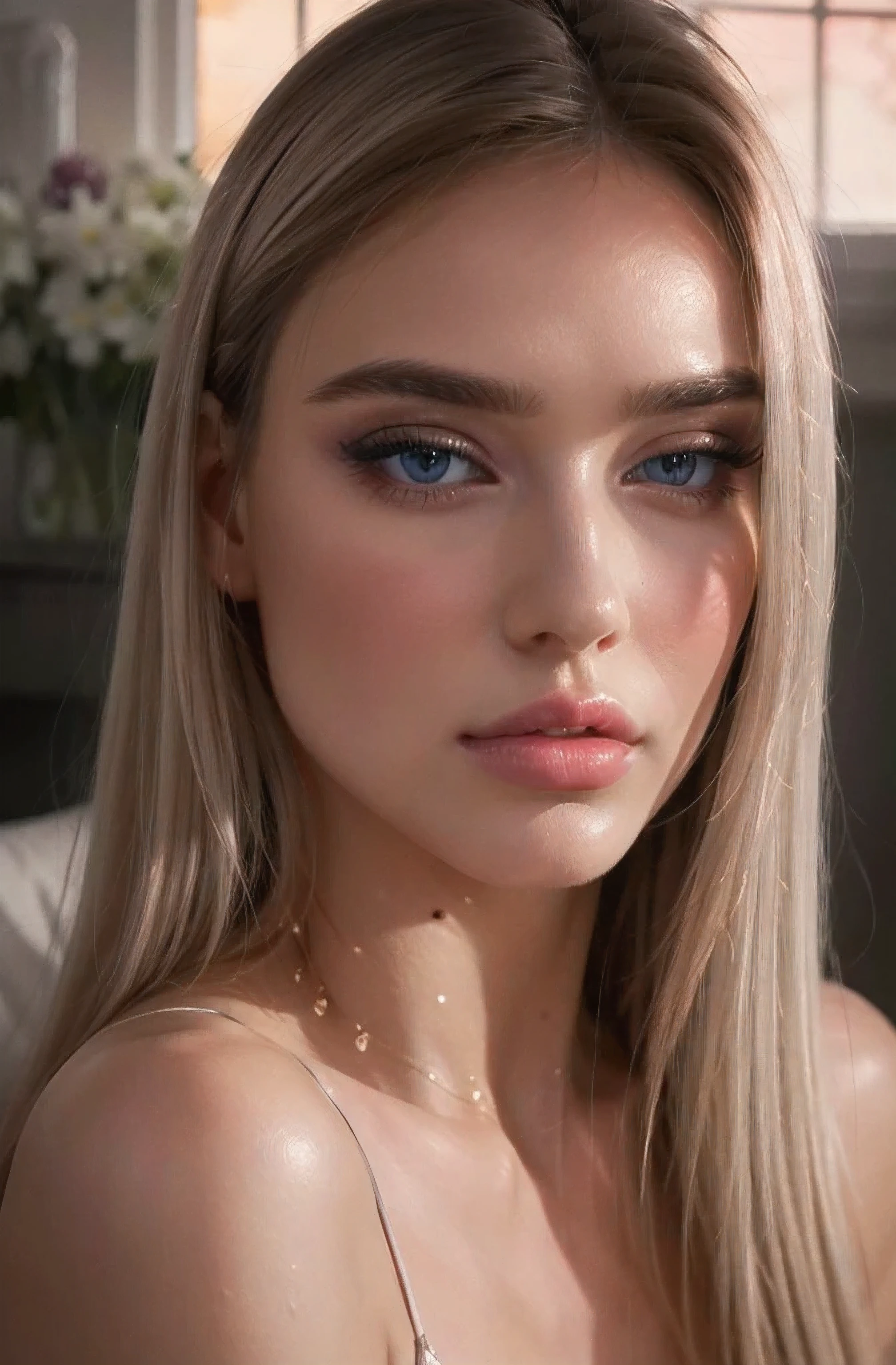 a beautiful girl with white hair, purple eyes, shiny eyes, short top, skirt, cracked lips, blush, in a night scene with flowers and sun light, (best quality,4k,8k,highres,masterpiece:1.2),ultra-detailed,(realistic,photorealistic,photo-realistic:1.37),intricate details, cinematic lighting, highly detailed face, beautiful detailed eyes, beautiful detailed lips, extremely detailed eyes and face, long eyelashes, porcelain skin, delicate features, elegant pose, dreamlike, ethereal, serene, mystical, fantasy, digital painting, concept art, vibrant colors, warm lighting