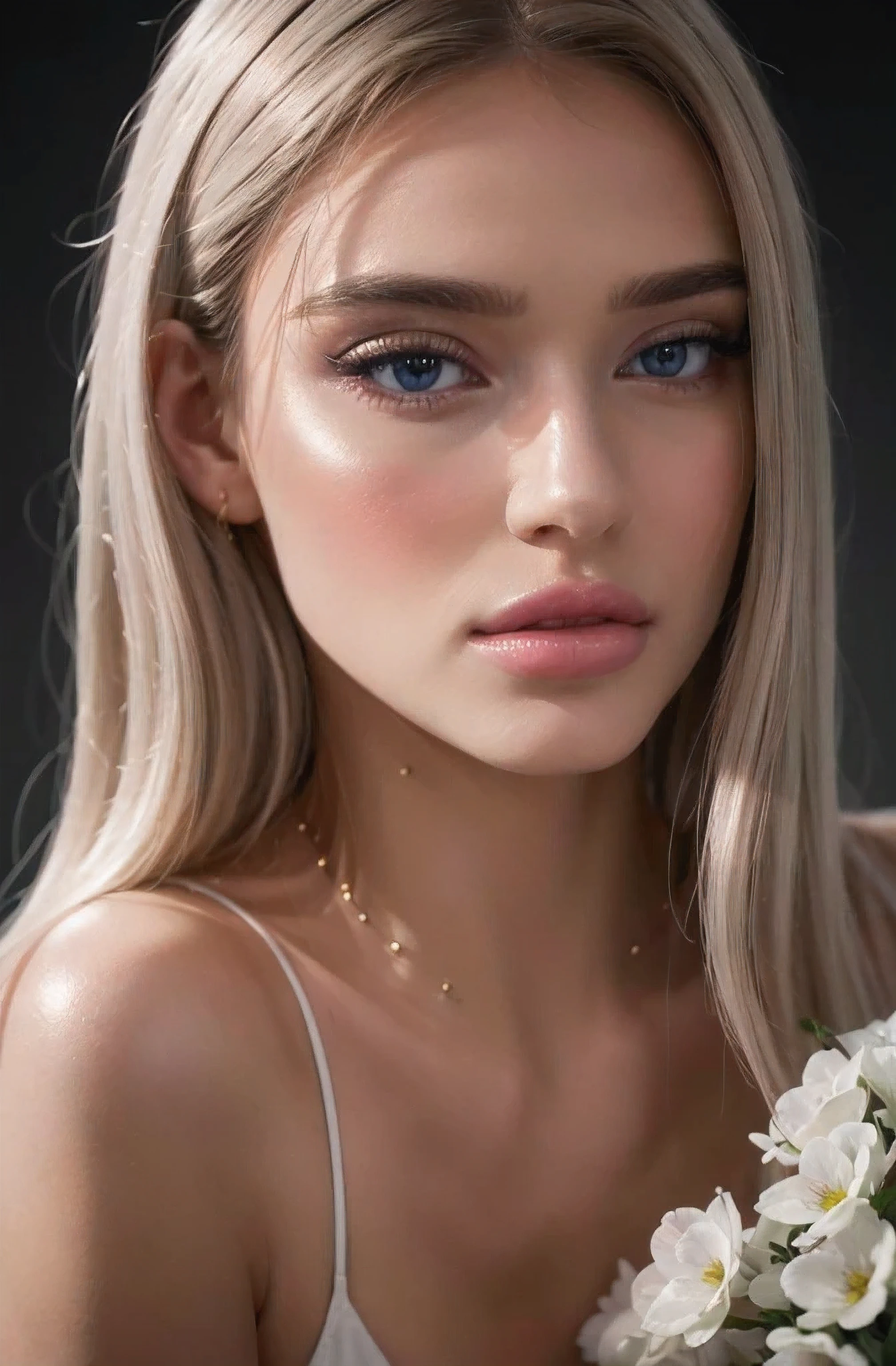 a beautiful girl with white hair, purple eyes, shiny eyes, short top, skirt, cracked lips, blush, in a night scene with flowers and sun light, (best quality,4k,8k,highres,masterpiece:1.2),ultra-detailed,(realistic,photorealistic,photo-realistic:1.37),intricate details, cinematic lighting, highly detailed face, beautiful detailed eyes, beautiful detailed lips, extremely detailed eyes and face, long eyelashes, porcelain skin, delicate features, elegant pose, dreamlike, ethereal, serene, mystical, fantasy, digital painting, concept art, vibrant colors, warm lighting