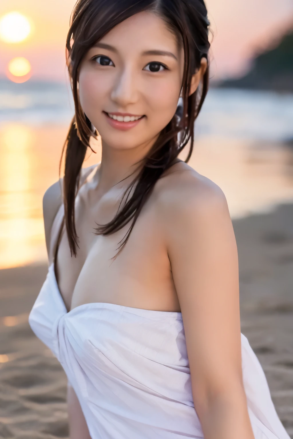 Create a high-quality, hyper-realistic portrait of a very beautiful Japanese idol. She is wearing a clean white summer dress and is squatting on the beach during sunset at sea. The deep indigo of the night sky contrasts with the last vestiges of crimson near the horizon, with swaying waves in the background. The girl has semi-long hair and a slender body with small breasts. The photo should capture her with detailed eyes, a detailed face, and a beautiful, sophisticated nose. The image should have a realistic, delicate, and finely detailed quality, suitable for a fashion magazine cover. Use cinema lighting and soft light to enhance her features. Ensure the photo is of the highest quality, with a resolution of 8K, making it perfect for a 2K wallpaper.