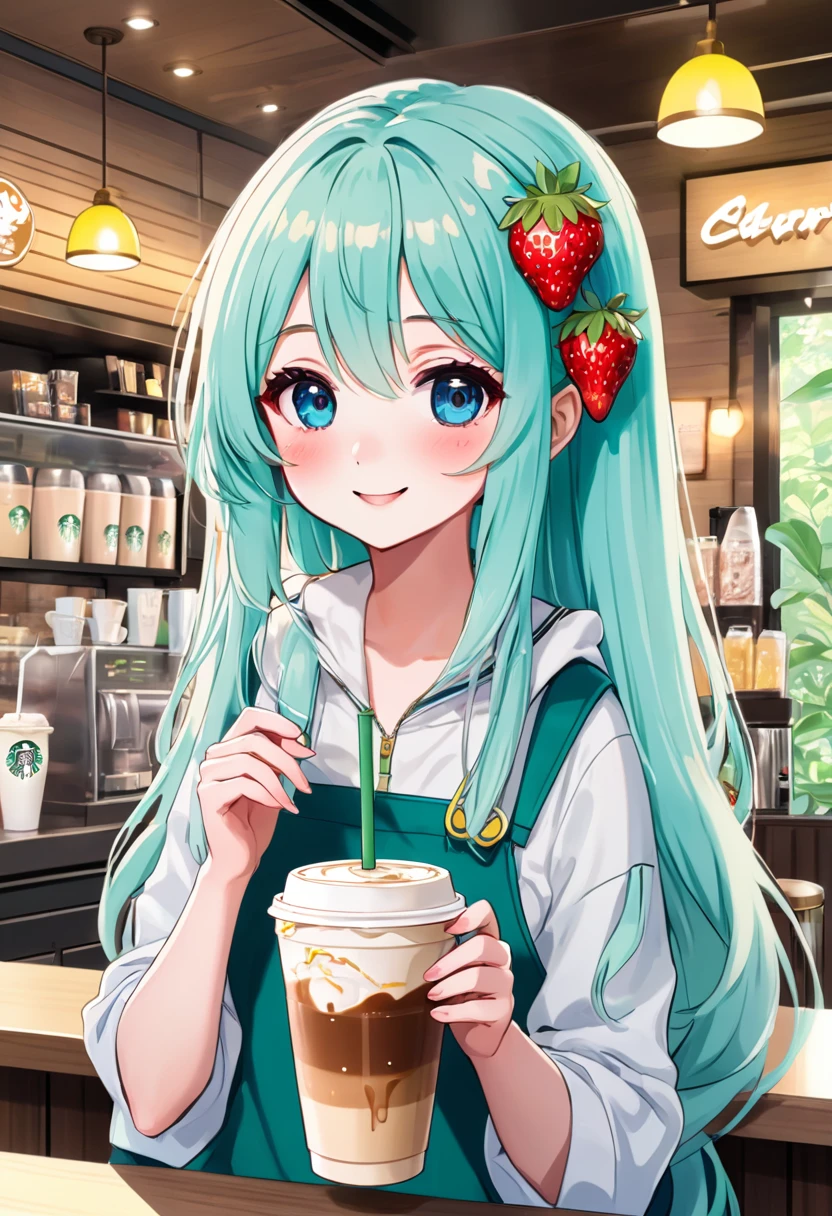 アニメのちびキャラ drinking starbucks coffee with a straw in her hand, A lively Starbucks interior in the forest、Light blue long hair、Twin-tailed anime chibi character、Banana Frappuccino、A cute anime chibi character with a bright smile, (Anime Girls), Cute girl anime visuals, Mysterious Coffee Shop Girl, young Anime Girls, Beautiful anime art style, Anime illustration, beautiful Anime Girls, Drink strawberry iced latte
