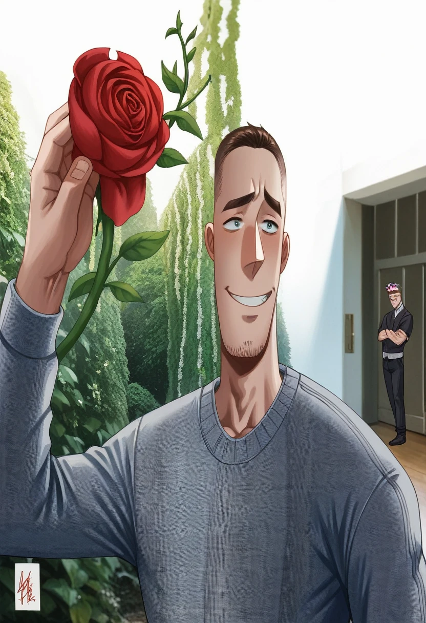 smiling man holding a red flower in his hand, holding a red rose, huge rose flower face, holding a rose, huge rose flower head, giant pink flower as head, about 19 years old, holding a rose in a hand, alexander, growing out of a giant rose, with an orientalist smiling face, Mohammed Chahin, handsome man, atef.