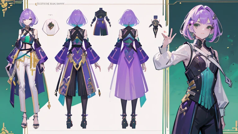 (Masterpiece, best quality), detailed, 1 woman, ((character concept art)), ((character design sheet, same character, front, side, back)), full body, body complete, 1 female, 1 women. Detailed face, character design sheet full body, Highly detailed, character sheet, character design, Many parts, pale skin, green eyes, short purple hair, lavender flower reference, lavender flower character reference, lavender flower inspired, male clothes, flat chest, Solarpunk, Solarpunk reference, Solarpunk based outfit, pants, green, dark gray, gold.