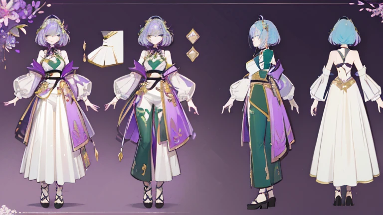 (Masterpiece, best quality), detailed, 1 woman, ((character concept art)), ((character design sheet, same character, front, side, back)), full body, body complete, 1 female, 1 women. Detailed face, character design sheet full body, Highly detailed, character sheet, character design, Many parts, pale skin, green eyes, short purple hair, lavender flower reference, lavender flower character reference, lavender flower inspired, male clothes, flat chest, Solarpunk, Solarpunk reference, Solarpunk based outfit, pants, green, dark gray, gold.