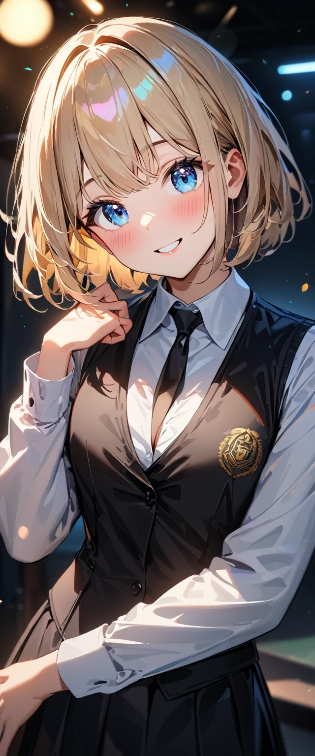 (((One girl))), blond hair, bob cut, (cowboy shot), (looking at viewer), (cleavage), ((black tie under the waistcoat)), face in focus, teenager, head tilt:1.3, (((blue eye))), ((happy smile)), ((blush)), contrapposto, one hand on hip, school summer uniform, white shirts, skirt, black waistcoat, anime style, (best quality, 4k, 8k, highres, masterpiece:1.2, ultra-detailed, ultra-detailed eyes, HDR, UHD, studio lighting, ultra-fine painting, sharp focus, physically-based rendering, extreme detail description, professional, vivid colors, bokeh)