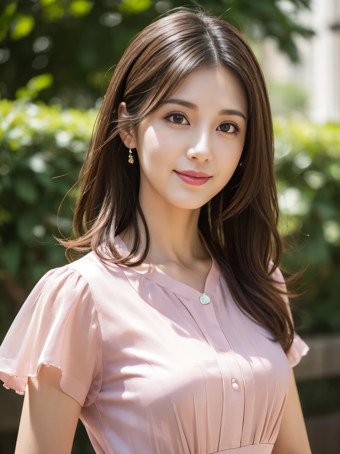 (RAW Photos), (Photo realistic), (masterpiece), (Highest quality), High resolution, 8K resolution, (Intricate details), (Volumetric Light), Portraiture, woman, 30 years old, Medium Hair, Layered Hair, Brown Hair, Highly detailed eyes, Source order, Very thin eyebrows, Highly detailed skin, Highly detailed mouth, Highly detailed nose, Cute like an idol, smile, ((Pink lipstick)), ((Look at the viewers)), (An elegant and transparent red see-through short-sleeved dress), ((Random turning direction)), green park background, Westshot,